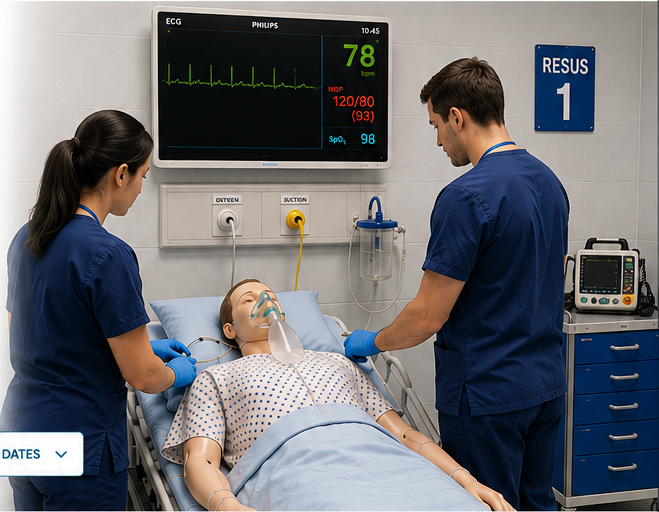 Two trainees managing a manikin during procedural sedation simulation in a resuscitation bay